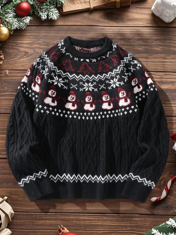 Manfinity Homme Suéter navideño para hombres con patrón de dibujos animados de la familia, patrón casual de copos de nieve y muñeco de nieve de cuello redondo, manga raglán de manga larga, suéter de otoño/invierno, suéter navideño de muñeco de nieve para hombres, suéter navideño de punto para hombres, suéter navideño para hombres