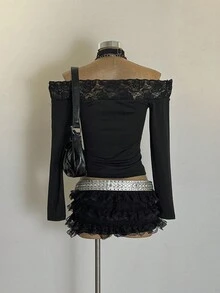 Attitoon Áo thun hở vai dài tay họa tiết chữ thập và cánh cổ điển dành cho nữ, phong cách đường phố thường ngày - màu đen - Xem 9