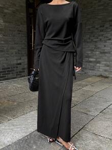 DAZY Bộ 2 chiếc áo dài tay xếp ly màu trơn thanh lịch đơn giản và chân váy viền bất đối xứng dành cho nữ, mùa thu/đông - màu đen - Xem 3