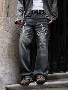 ROMWE MEN Street Life Men's Casual Fashion Street Floral Embroidery Loose Straight Leg Jeans, Without Chain Belt - Blue - View 3