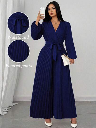 SHEIN Clasi Combinaison longue pour femmes grandes tailles, élégante avec col croisé, ceinture nouée, plissée, manches longues. Polyvalente et