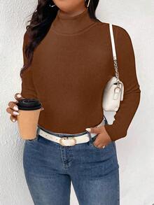 Plus Size Solid Color Turtleneck Casual Versatile Long Sleeve Pullover Sweater - Brown - View 3