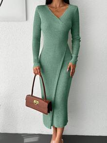 EURMUSE Solid Color Cross Wrap Ribbed Knitted Sweater Dress - Cadet Blue - View 5