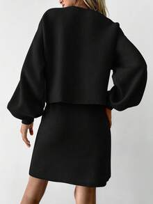 EURMUSE Women's Round Neck Solid Color Sweater And Skirt Two Piece Set - Black - View 2