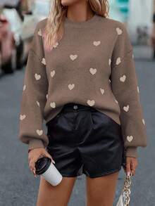 SHEIN LUNE Women's Fashion Casual Heart Pattern Drop Shoulder Long Sleeve Sweater - Brown - View 6