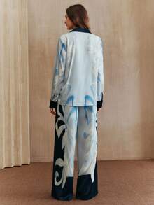 Anewsta 2 件套女士时尚休闲印花西装外套和阔腿裤套装，春夏 - 藍色 - 查看 5