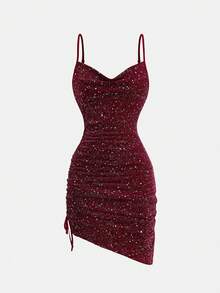 SHEIN Girlism Teen Girls' Wine Red Knit Metallic Thread Spaghetti Strap Ruched Waist Snug Fit Mini Party Dress,Red Dress,Christmas,Christmas Dress - Burgundy - View 5