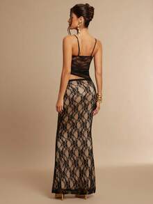 Silquee Elegant Black Floral Lace Transparent Maxi Dress,Summer Spaghetti Strap Asymmetrical V-Neck Slim See-Through Dress,Bar Party Date Evening Gown - Black - View 2