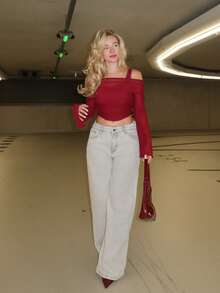 Turnttoni Apricot Off-Shoulder Mesh 2in1 Trumpet Sleeve Long Sleeve Women's Top,Western,Vintage,70s,The Bachelorette - Burgundy - View 5