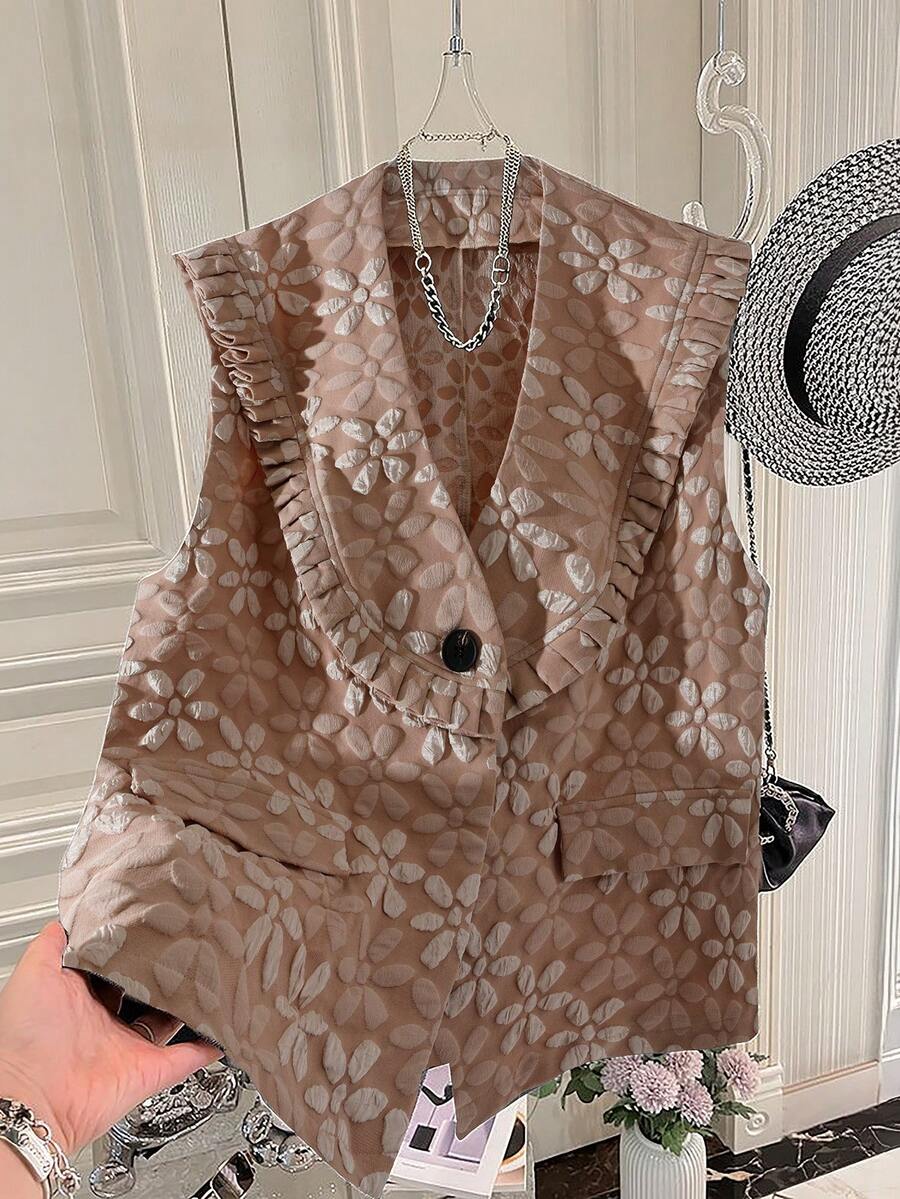 GlowEve CURVE Chaleco sin mangas con lunares de talla grande, diseño de bolsillo falso con dobladillo plisado, corte holgado - Caqui - Ver 1