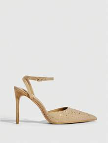 CUCCOO SZL Champagne Satin Color Block Rhinestone Embellished Pointed Toe Stiletto Hollow Out Formal Pumps - Khaki - View 3