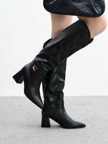 CUCCOO BIZCHIC Botas altas de tacón grueso y puntera puntiaguda de mujer, de color negro, con diseño de slip-on, versátiles para ir al trabajo, uso diario, compras, fiestas, otoño/invierno - Negro - Ver 5