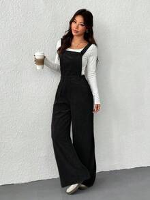 SHEIN EZwear 女式黑色简约休闲连体裤，秋季 - 黑色 - 查看 6