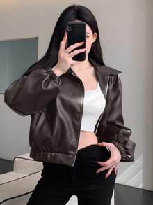 DAZY 女士宽松休闲户外街头风棕色PU皮夹克，秋冬季时尚百搭 - 巧克力棕 - 查看 6