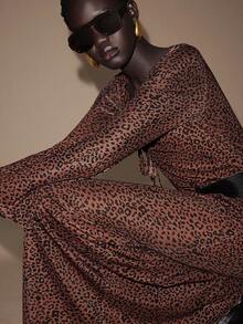 SHEIN LUNE Elegantes, modisches und sexy Damen-Kleid mit V-Ausschnitt, figurbetonter Passform, Leopard Muster und weiten Ärmeln - Rostbraun - Übersicht 3