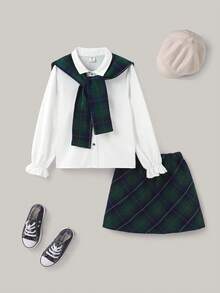 Joliand Joliand 2pcs Tween Girls Elegant College Style Set - White Puff Sleeve Collared Blouse And Green Plaid A-Line Skirt, With Green Plaid Shawl Included. Suitable For Outings, Gatherings, Back To School, Summer And Autumn Preppy Girl Clothes Preppy Tween Girls Sets School Girl Outfit For Women Plaid Skirt Outfit Girls School Uniform Teenage Vintage School Clothes Plaid Skirt Outfits Back To School  School  Clothes School Supplies Backtoschool ColorfulJoy Fall Winter - Multicolor - View 1
