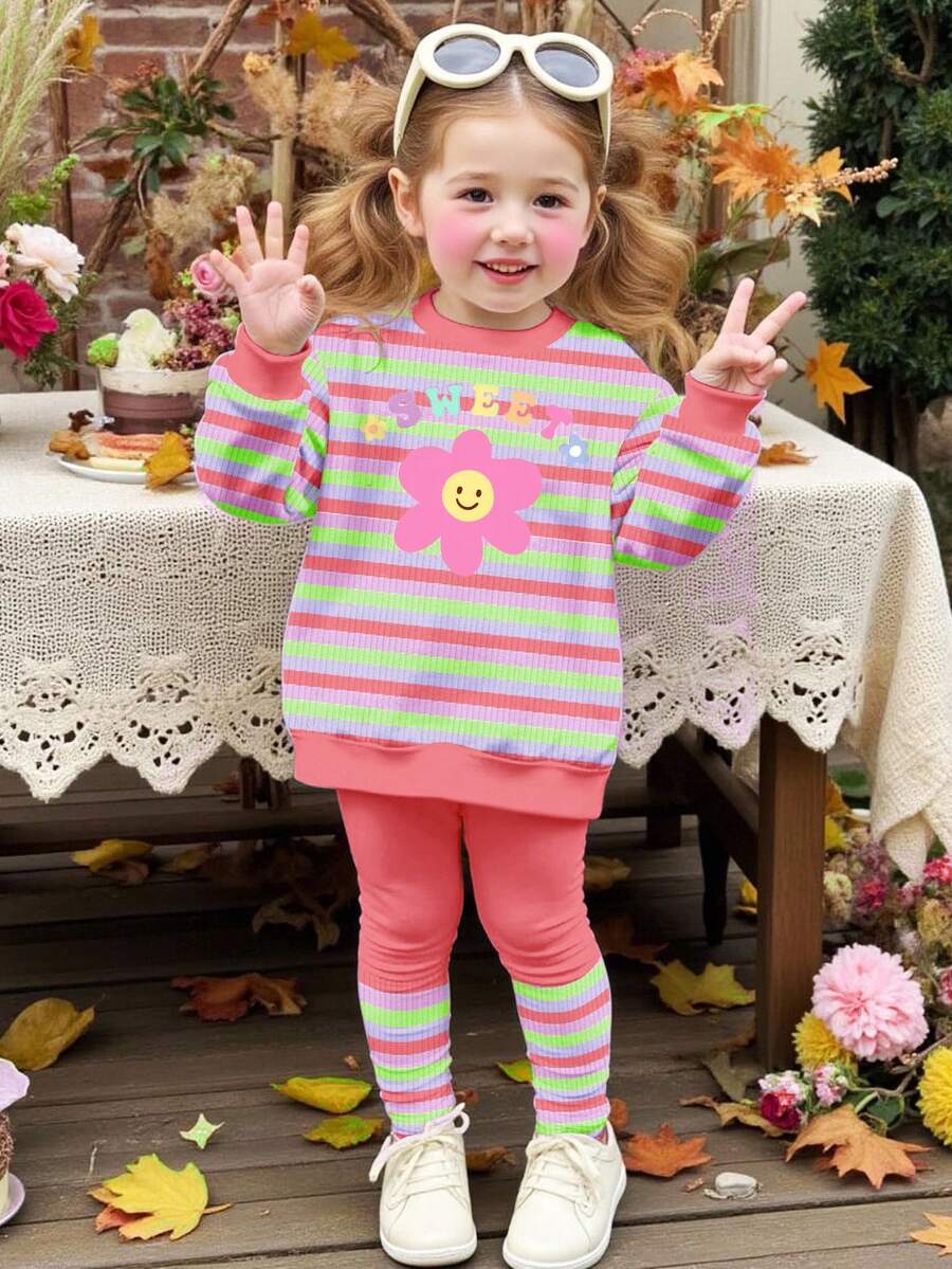 Cute Colorful Macaron Striped Pattern Pullover, Sweet Smiling Face Floral, Pastel Color, Tracksuit, Fall Clothes For Baby Girl, Soft Thick Knit Crew Neck Long Sleeve Sweatshirt And Leggings Set, Suitable For Autumn/Winter - Multicolor - View 1