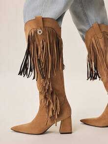 Styleloop Women's Fashionable Brown Pointed Toe Western Style Fringe Tall Boots - Brown - View 7