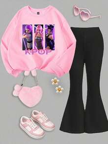 SHEIN ChillGRL 1 Set Girls Casual Cute Cartoon K-POP Girl Pattern Crew Neck Sweatshirt And Flare Pants Outfit, Cozy Fall & Winter Styles