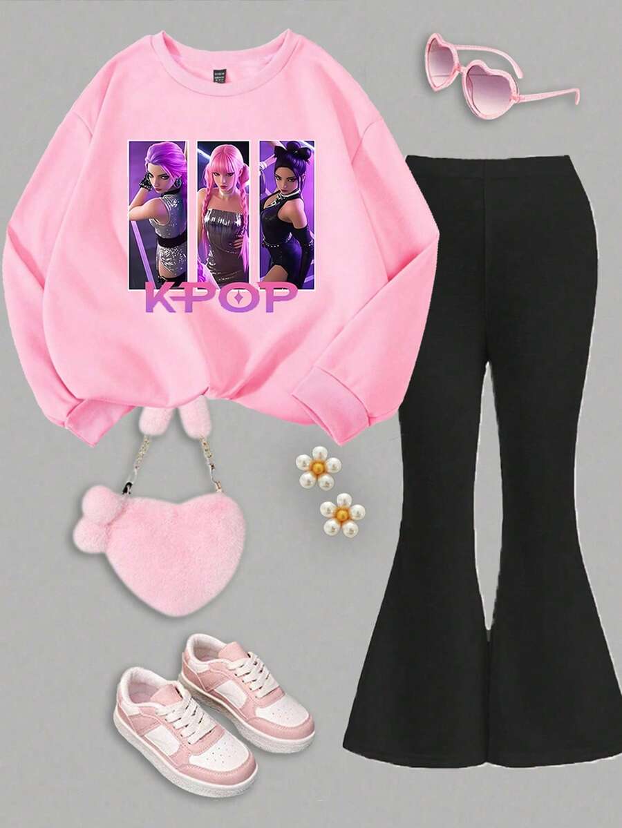 SHEIN ChillGRL 1 Set Girls Casual Cute Cartoon K-POP Girl Pattern Crew Neck Sweatshirt And Flare Pants Outfit, Cozy Fall & Winter Styles