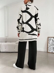 EURMUSE Women's Printed Long Sweater And Knitted Long Pants Set - White - View 2