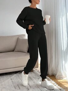 EURMUSE 女士柔软触感毛衣和毛衣裤两件套服装搭配酷 - 黑色 - 查看 6