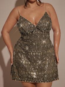 SHEIN BAE 大码女式黑色亮片吊带背心迷你连衣裙，性感紧身连衣裙 - 黑色 - 查看 1