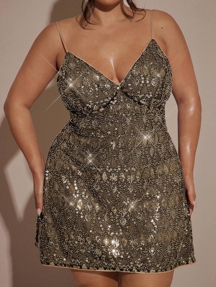 black and gold sequin bodycon dress SHEIN BAE Plus Size Women's Camisole Mini Dress, Cocktail Party Wear,Summer,Girlism,Rave,Elegant Cozy Fall Winter SALE: 2025 March Afterpay Full Price