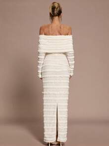 SHEIN BAE Apricot Lace Off Shoulder Long Sleeve Bodycon Dress With Back Slit, Elegant For Cocktail Party, Romantic Date, Autumn/Winter Layering, Party, Formal Gathering, Christmas - Apricot - View 2