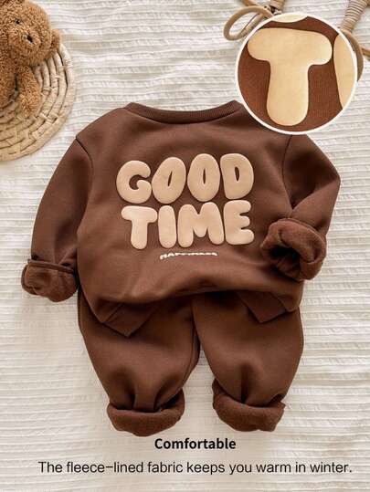 LMoss Kids LMoss 2pcs Baby Boy Knit Crew Neck Letter Print Casual Sweatshirt And Pants Set,Baby Tracksuit, Baby Sweatshirt Pants Set, Baby Autumn Winter Set, Baby Casual Sets,Pull,Styles Comfortable Autumn & Winter,Cozy Fall & Winter Styles,Winter Clothes,Winter Set,Long Sleeve Top,Brown Set,