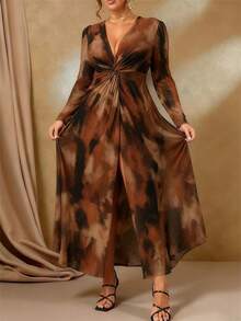 Roveilla Plus Size Floral Print Twist Design Elegant Elegante Long Sleeve Dress Maxi Women Outfit Long Brown Checkered Dress Maxi Dress Elegant Dress Women Earth Tone Dress Dress Cocktail Party Autumn - Brown - View 4