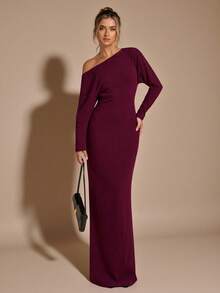 SHEIN BAE Vestido de punto ajustado con hombro asimétrico burdeos, vestido de suéter de manga larga con falso cachemira gruesa para mujer, otoño/invierno - Burdeos - Ver 1