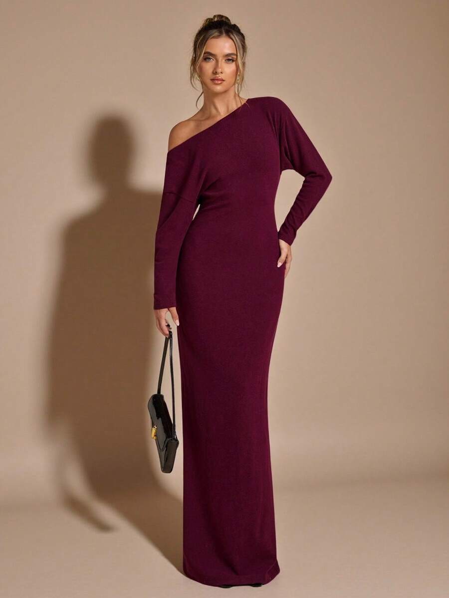 SHEIN BAE Vestido de punto ajustado con hombro asimétrico burdeos, vestido de suéter de manga larga con falso cachemira gruesa para mujer, otoño/invierno - Burdeos - Ver 1