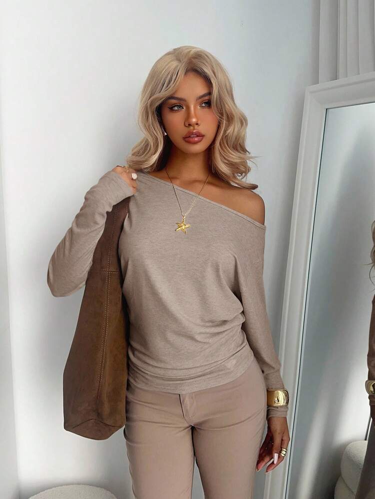 Aloruh Vintage American Style Loose Top Tight Bottom Fitted T-Shirt, Autumn/Winter,Fall,Fall Clothes For Women - Mocha Brown - View 7