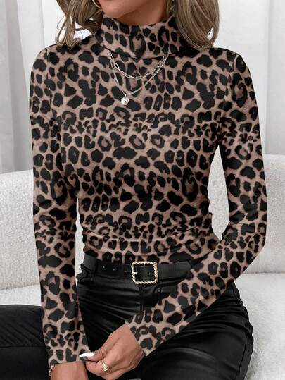 SHEIN Clasi Casual Minimalist Turtleneck Long Sleeve Sexy Leopard Print Knit Women's Base Layer T-Shirt, Versatile Style, Suitable For Autumn/Winter,Cheetah Print