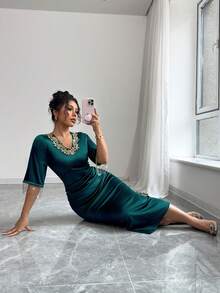 Rafferiza Women's Elegant V-Neck Short Sleeve Slim Fit Midi Dress, Lace, Fringe Cuffs, Satin, Party, Luxury, Casual, Arabic - Green - View 4