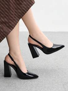 CUCCOO BIZCHIC Women's Fashion Pointed Toe Chunky High Heel Black Minimalist Pumps, Backstrap Slingback Heels For Daily Commute, Work, Shopping, Party, Suitable For Women