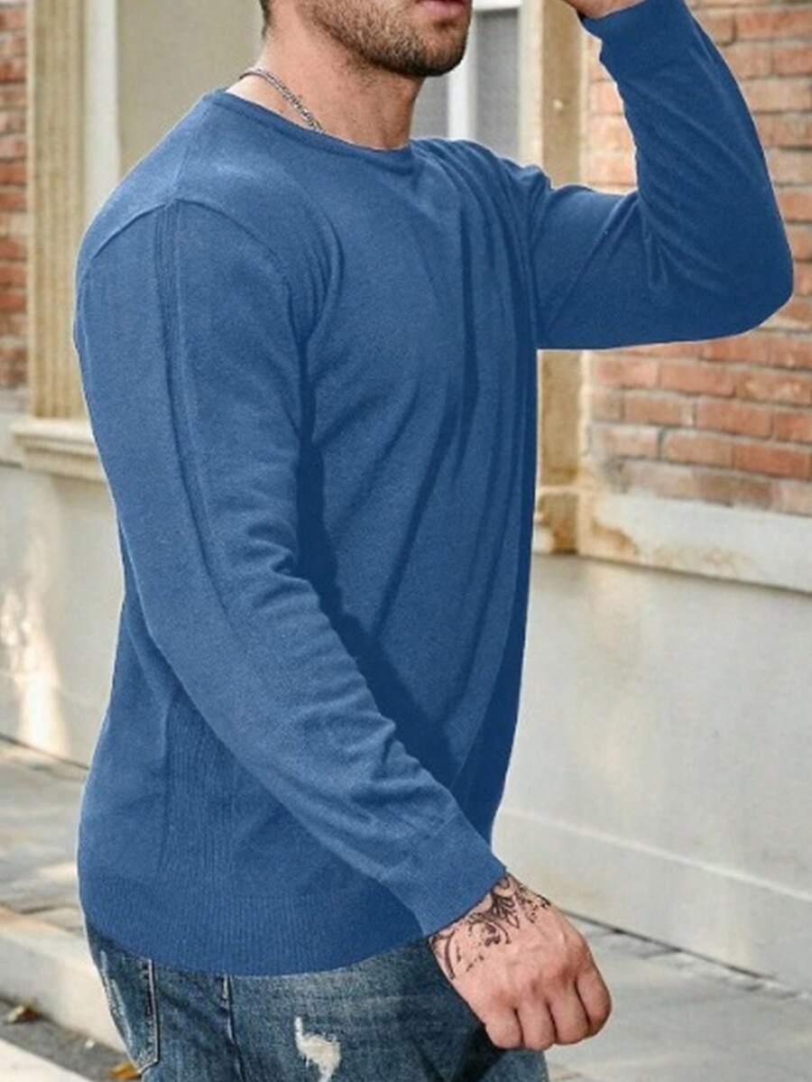 Manfinity Homme Men's Casual Solid Color Knit Sweater, Versatile For Autumn, Long Sleeve Top - Royal Blue - View 1