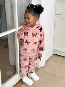 SHEIN Playful Pals 女婴秋季新款抓绒连帽卫衣+抽绳休闲裤套装，2件套，可爱蝴蝶结印花，适合居家、通勤、上学等场合。 - 彩色 - 查看 1