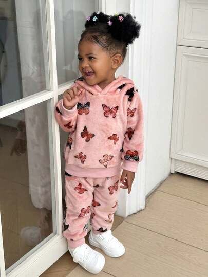 SHEIN Playful Pals 2pcs/Set Baby Girls Autumn New Fleece Hoodie Sweatshirt & Drawstring Hem Casual Pants Set, Cute Bow Print, Suitable For Home, Commute, School