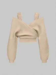 ROMWE Kawaii 1 Set Women Shoulder Strap V-Neck Lace Strap Loose Wide-Leg Pants Comfortable Home Knit Sweater Two Pieces - Camel - View 4