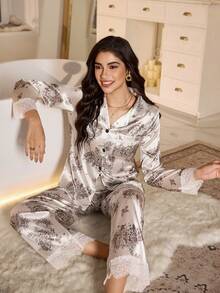 SHEIN 女士蕾丝拼接口袋长袖长裤睡衣套装，秋冬季服装 - 白色 - 查看 1