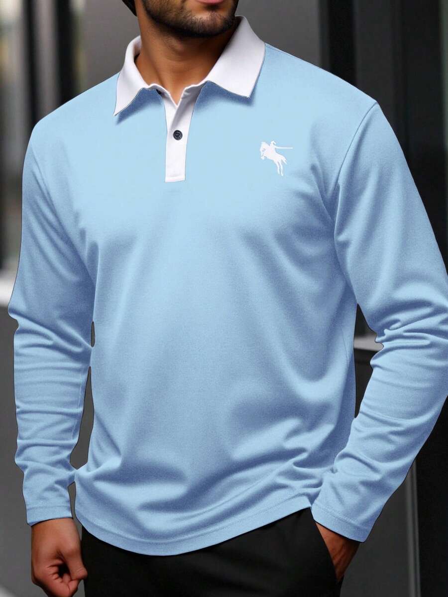 Manfinity Homme Camisa polo de manga larga con cuello de contraste y estampado de caballero, versátil y casual para hombres de talla grande, primavera/otoño - Celeste - Ver 1