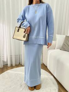 EURMUSE Women Solid Color Round Neck Drop Shoulder Stripe Pattern Pullover & Sweater Skirt Set - Baby Blue - View 2