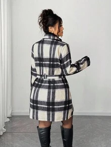 Elenzga 大码女式格子长袖双排扣优雅复古大衣，秋冬季 - 彩色 - 查看 2