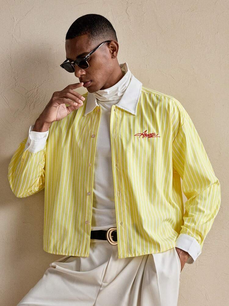 Men's Striped Letter Embroidered Single-Breasted Long Sleeve Shirt