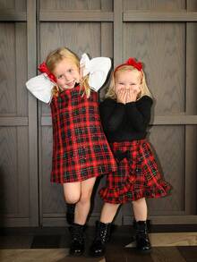 PrepCrw 1pc Young Girls Elegant Urban Versatile Classic Christmas Black Plaid White Ruffle Collar Long Sleeve Dress, Suitable For Casual Outings, Gatherings, Holidays, Autumn, Winter, Christmas - Red and White - View 9