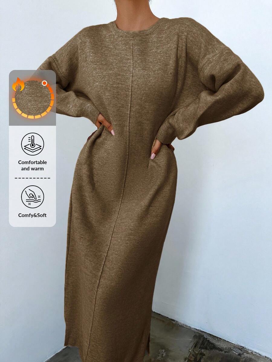 EURMUSE Solid Drop Shoulder Sweater Dress - Camel - View 1