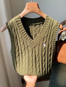 Comfortcana Women's Equestrian Pattern Knit Vest,Olive Green,Autumn,70s,School,Back-To-School Casual Minimalist Military Green Crop Top Y2k Sweater Vest Knit Tops - Army Green - View 3