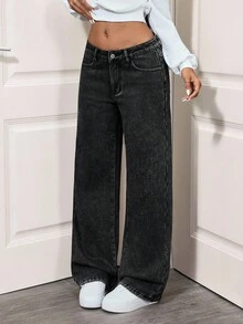 Flexra 低腰阔腿做旧时尚水洗牛仔裤 - 深灰色 - 查看 3